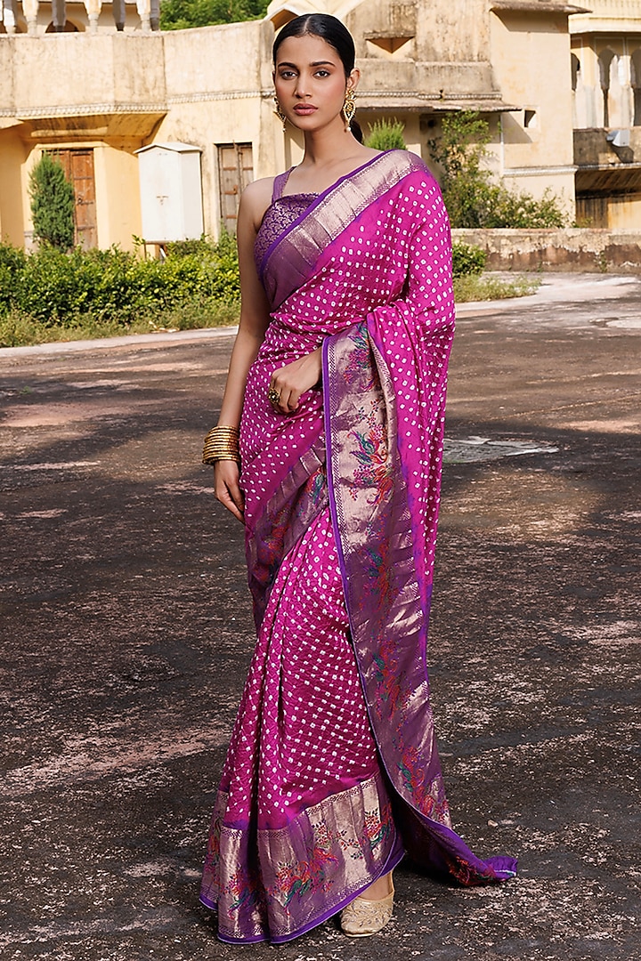 Pink & Purple Silk Handwoven Bandhani Saree Set by Geroo Jaipur