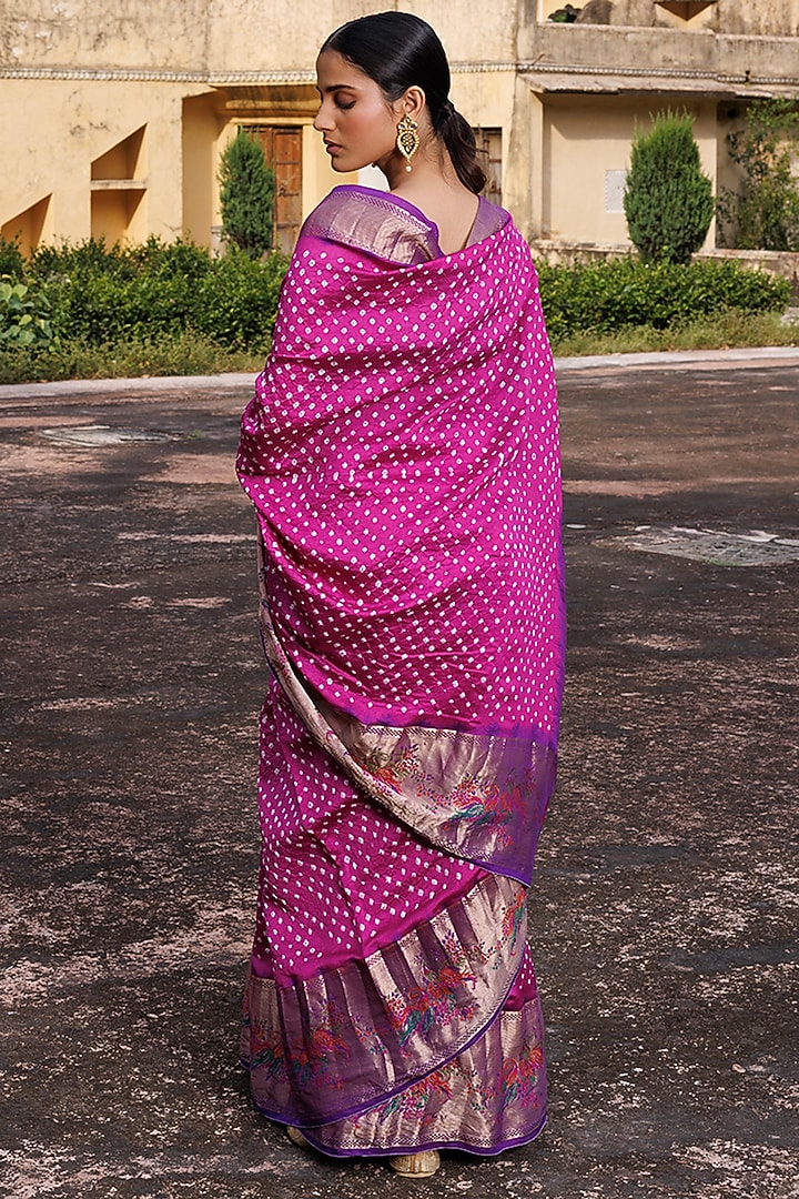 Pink & Purple Silk Handwoven Bandhani Wedding Saree Set by Geroo Jaipur at Pernia's Pop Up Shop