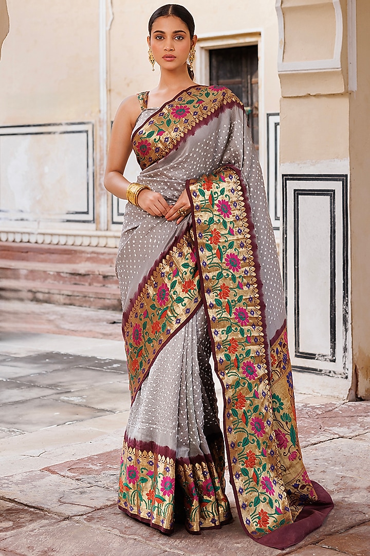 Grey & Brown Silk Handwoven Bandhani Saree Set by Geroo Jaipur at Pernia's Pop Up Shop