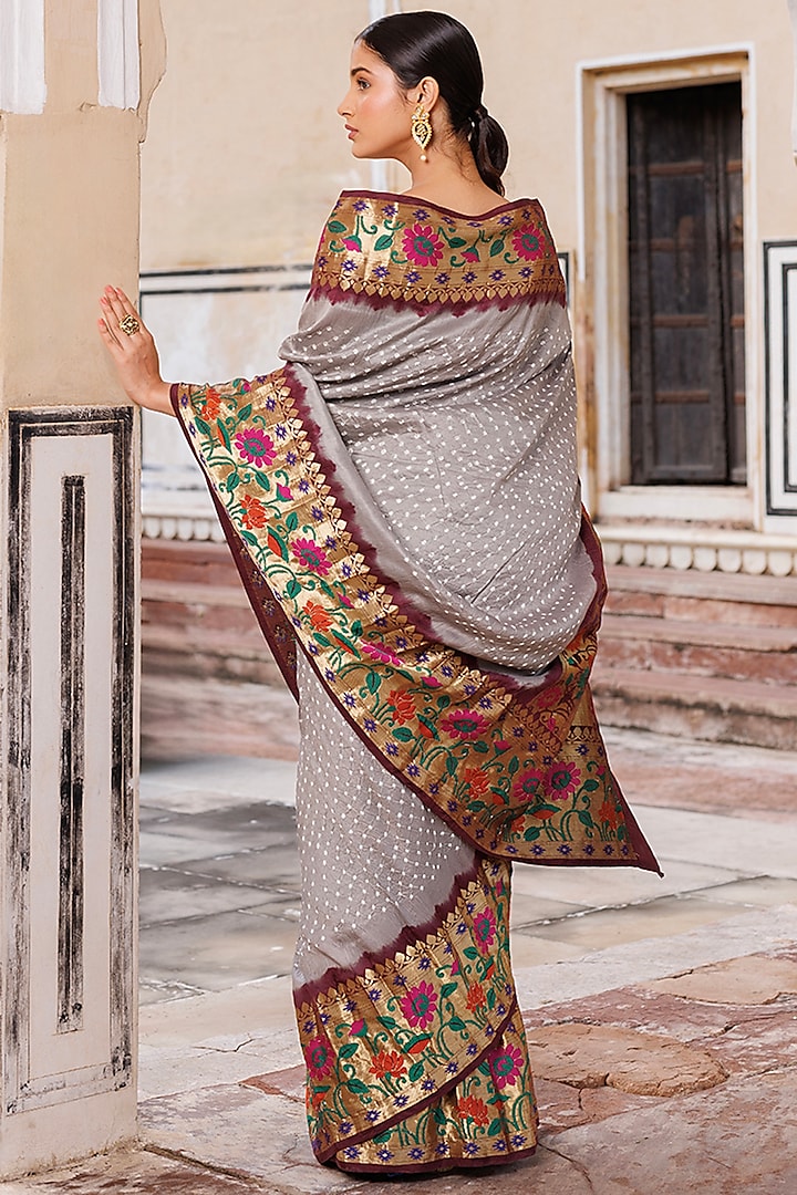 Grey & Brown Silk Handwoven Bandhani Wedding Saree Set by Geroo Jaipur at Pernia's Pop Up Shop