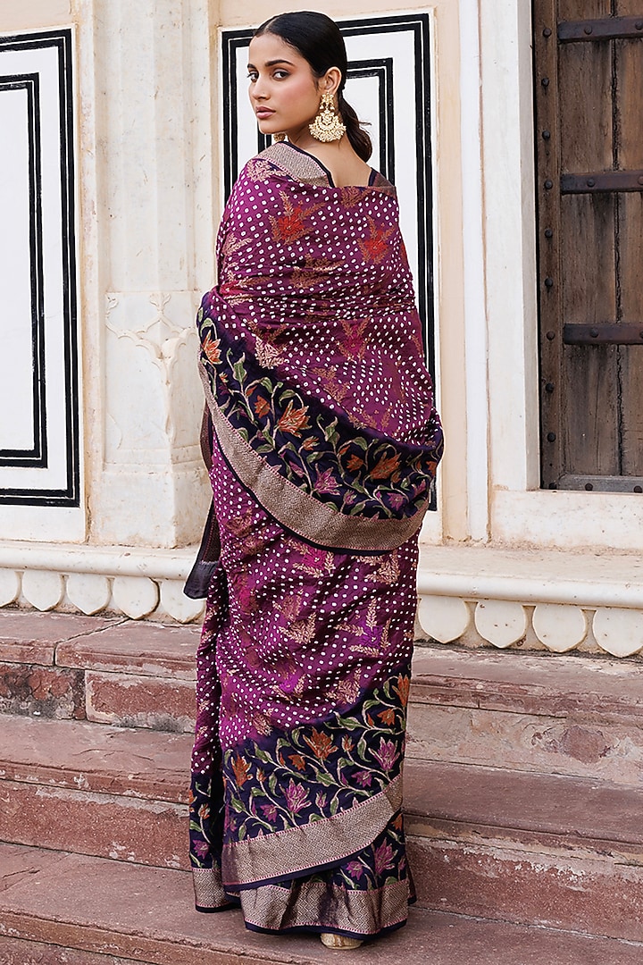 Mauve & Purple Silk Handwoven Bandhani Wedding Saree Set by Geroo Jaipur at Pernia's Pop Up Shop