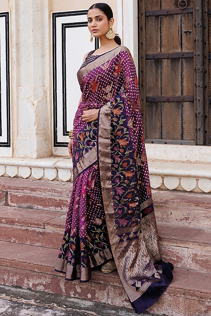 Mauve & Purple Silk Handwoven Bandhani Wedding Saree Set by Geroo Jaipur at Pernia's Pop Up Shop