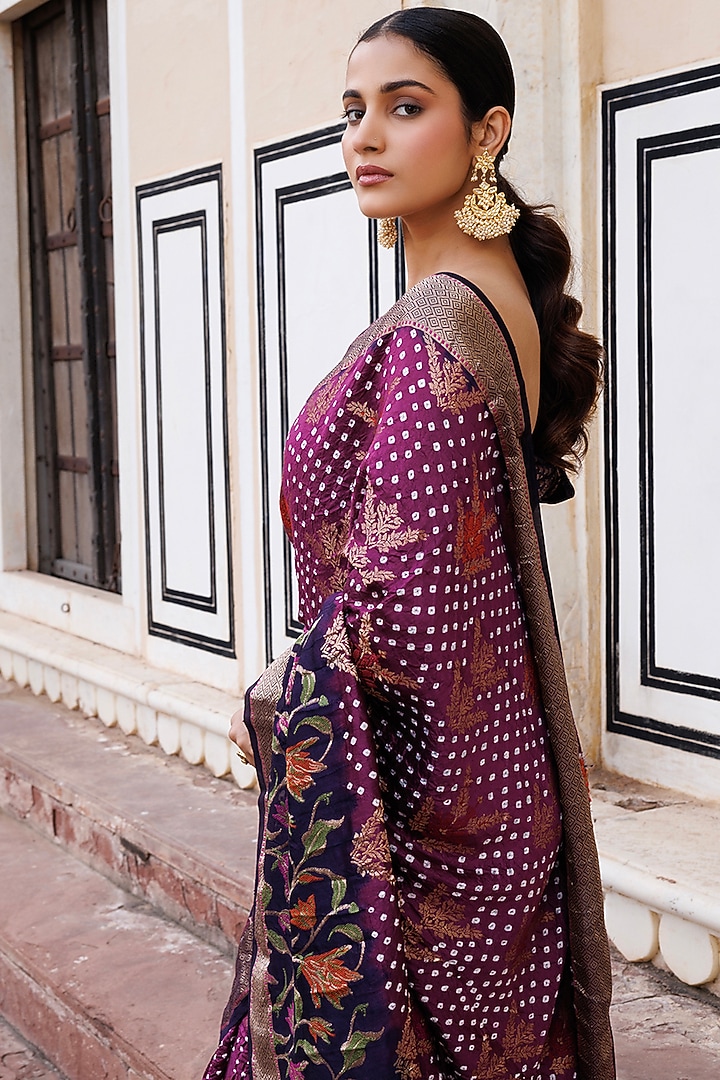 Mauve & Purple Silk Handwoven Bandhani Wedding Saree Set by Geroo Jaipur at Pernia's Pop Up Shop