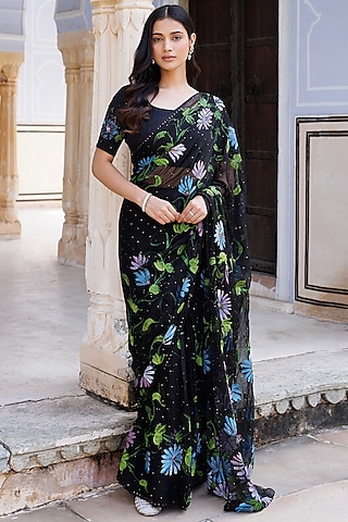 Black Chiffon Hand Painted & Mukaish Work Pre-Stitched Saree Set by Geroo Jaipur