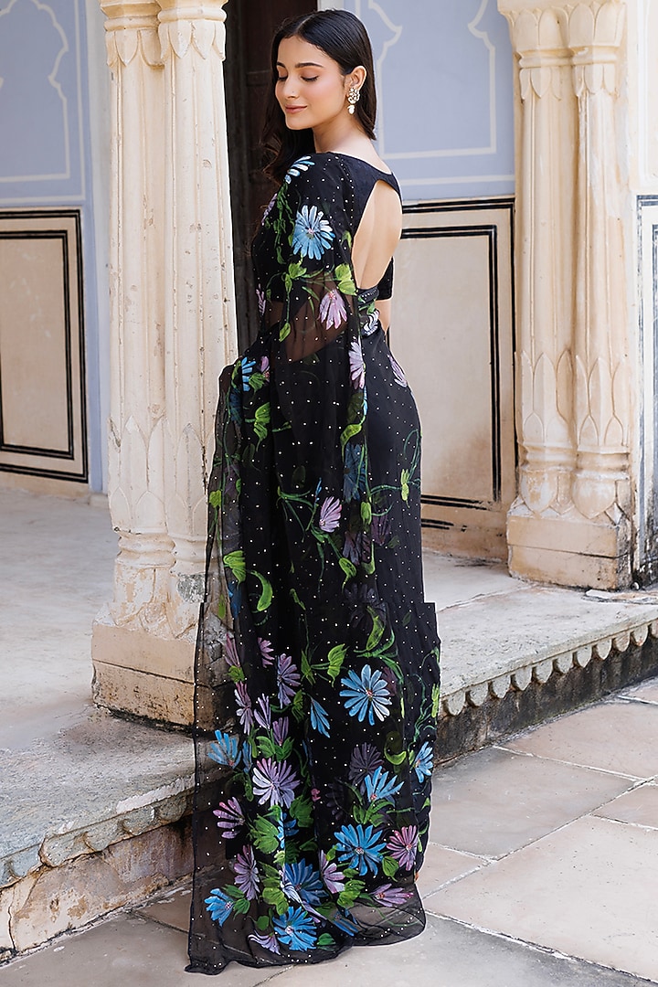 Black Chiffon Hand Painted & Mukaish Work Pre-Stitched Party Wear Saree Set by Geroo Jaipur at Pernia's Pop Up Shop