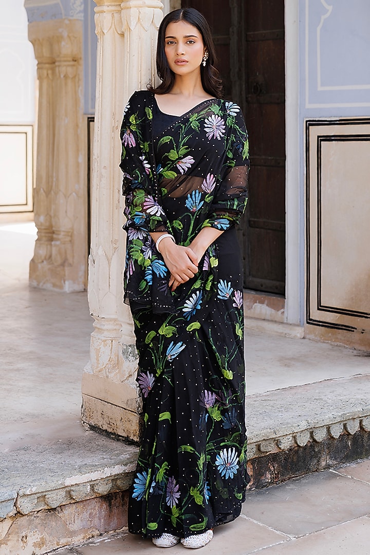 Black Chiffon Hand Painted & Mukaish Work Pre-Stitched Party Wear Saree Set by Geroo Jaipur at Pernia's Pop Up Shop