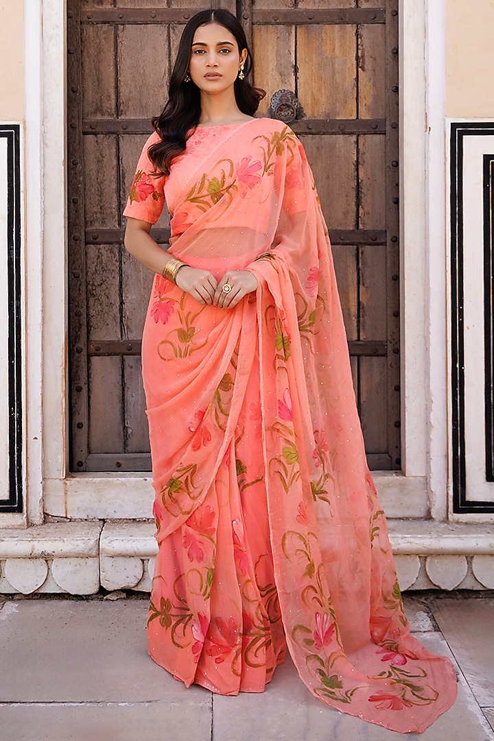 Peach Chiffon Hand Painted & Mukaish Work Pre-Stitched Saree Set by Geroo Jaipur