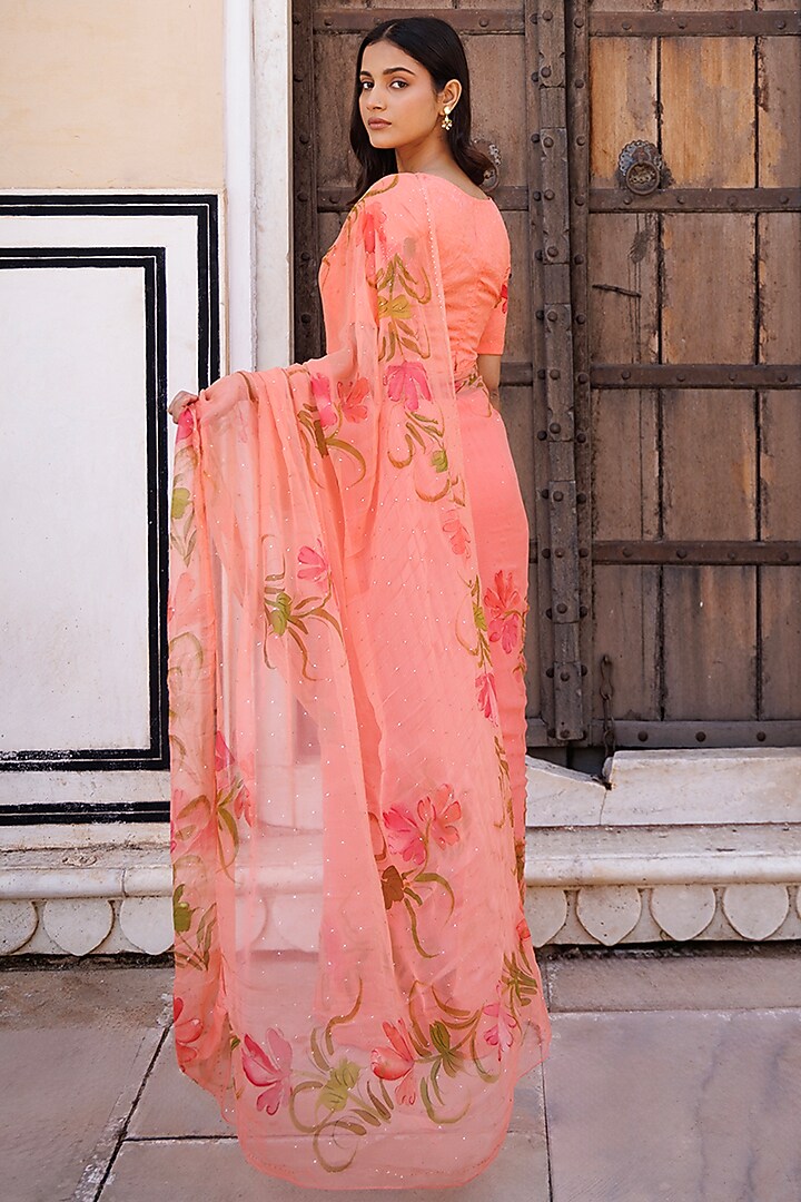 Peach Chiffon Hand Painted & Mukaish Work Pre-Stitched Party Wear Saree Set by Geroo Jaipur at Pernia's Pop Up Shop
