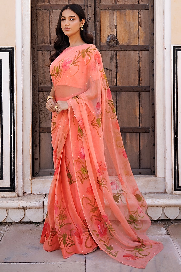 Peach Chiffon Hand Painted & Mukaish Work Pre-Stitched Party Wear Saree Set by Geroo Jaipur at Pernia's Pop Up Shop