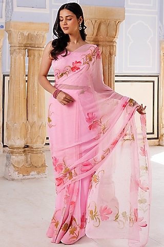 Pink Chiffon Hand Painted & Mukaish Work Pre-Stitched Saree Set by Geroo Jaipur