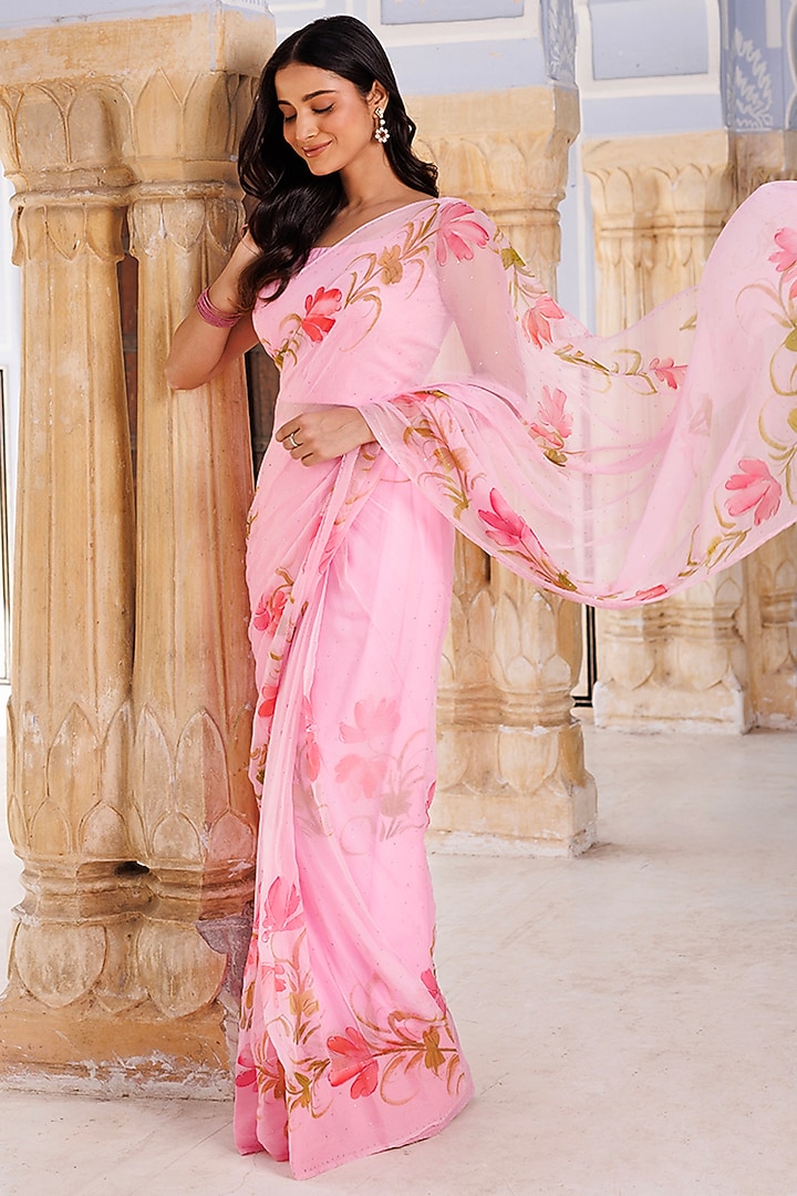 Pink Chiffon Hand Painted & Mukaish Work Pre-Stitched Party Wear Saree Set by Geroo Jaipur at Pernia's Pop Up Shop