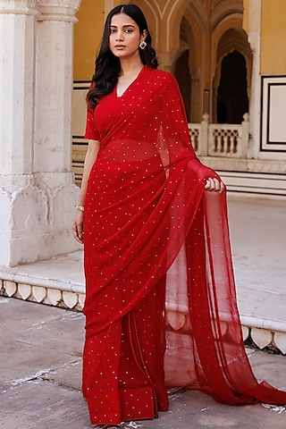 Red Chiffon Mukaish Work Pre-Stitched Saree Set by Geroo Jaipur