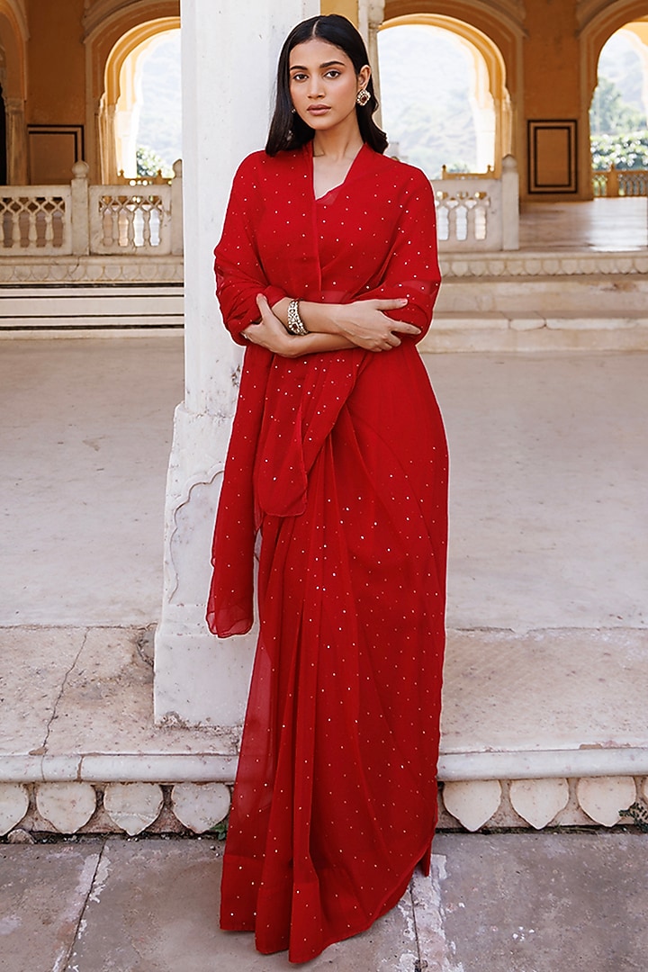 Red Chiffon Mukaish Work Pre-Stitched Party Wear Saree Set by Geroo Jaipur at Pernia's Pop Up Shop