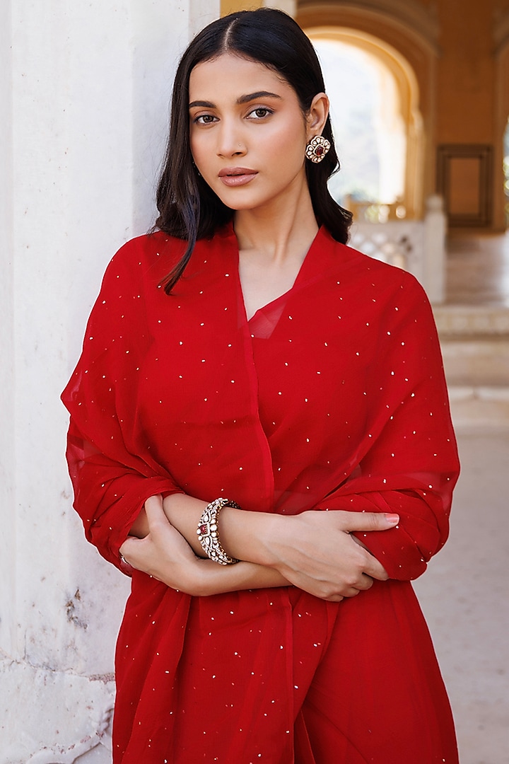 Red Chiffon Mukaish Work Pre-Stitched Party Wear Saree Set by Geroo Jaipur at Pernia's Pop Up Shop