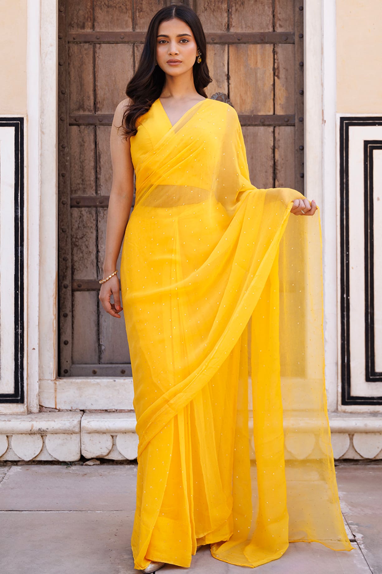 Yellow Chiffon Mukaish Work Pre-Stitched Saree Set by Geroo Jaipur