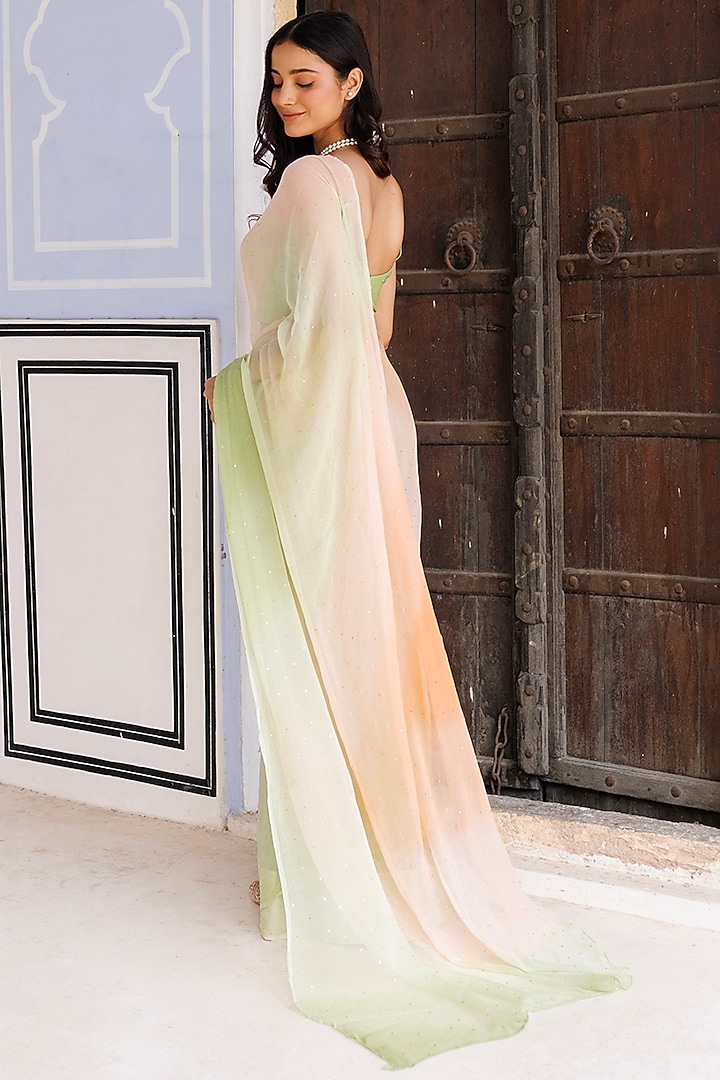 Green & Peach Chiffon Mukaish Work Pre-Stitched Party Wear Saree Set by Geroo Jaipur at Pernia's Pop Up Shop