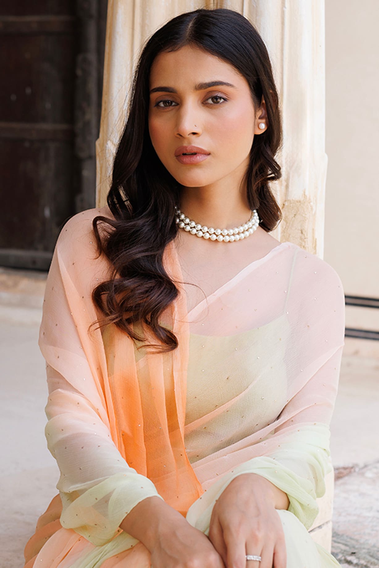 Green Peach Chiffon Mukaish Work Pre-Stitched Saree Set by Geroo