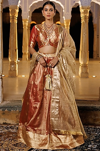 Red Tissue Handcrafted Lehenga Set by Geroo Jaipur