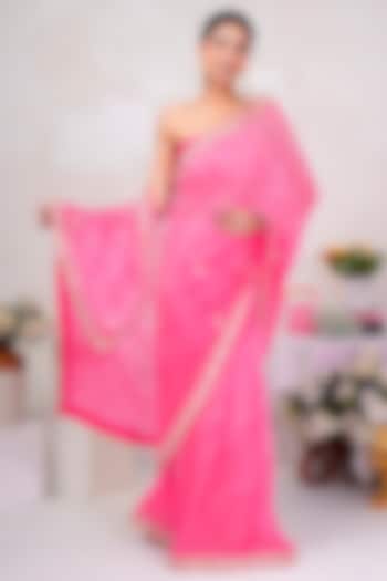Pink Pure Georgette Hand Embroidered Wedding Saree Set by Geroo Jaipur at Pernia's Pop Up Shop