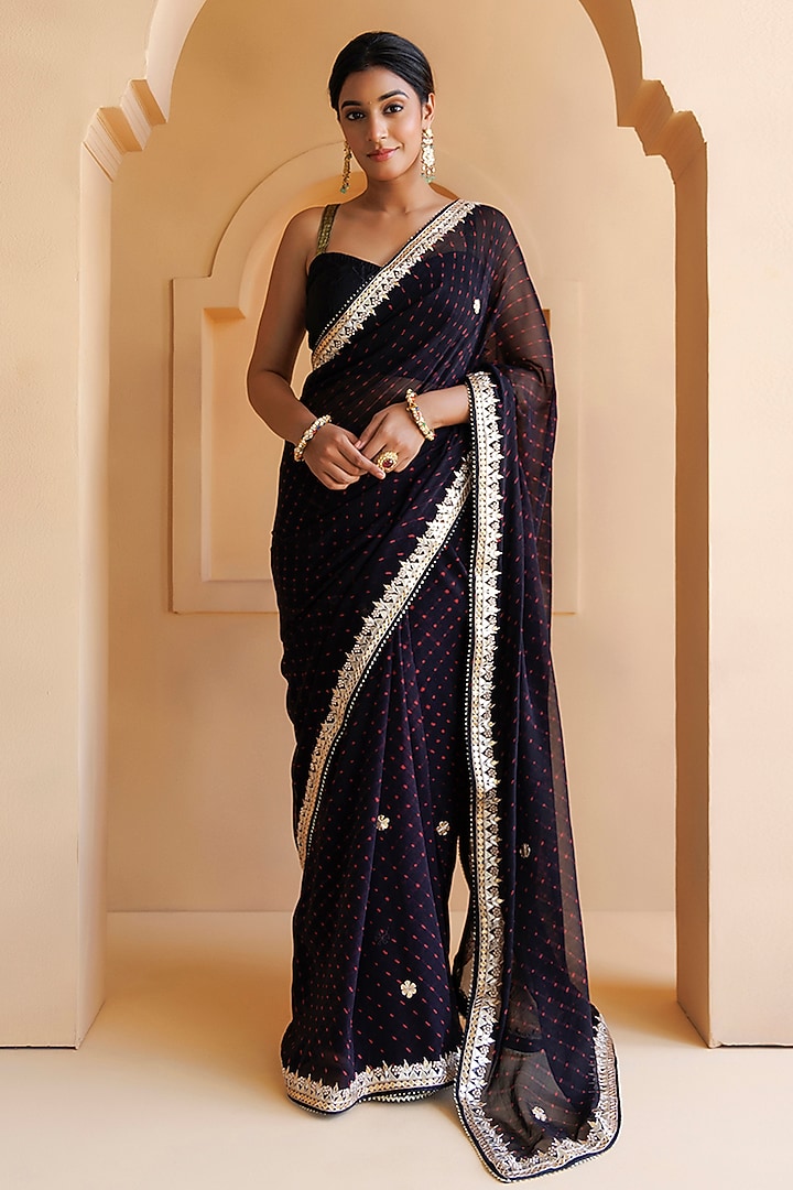 Black Pure Georgette Hand Embroidered Wedding Saree Set by Geroo Jaipur at Pernia's Pop Up Shop