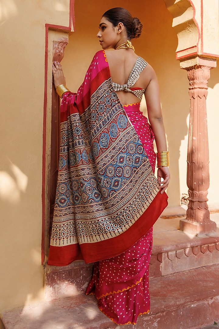 Magenta Gajji Silk Handblock Printed Wedding Saree Set by Geroo Jaipur at Pernia's Pop Up Shop