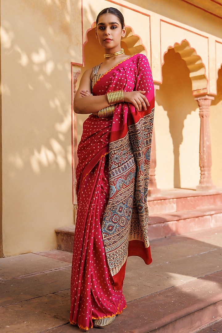 Magenta Gajji Silk Handblock Printed Wedding Saree Set by Geroo Jaipur at Pernia's Pop Up Shop