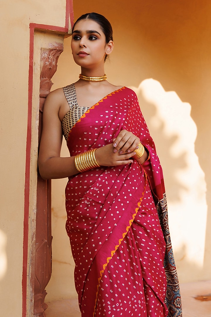 Magenta Gajji Silk Handblock Printed Wedding Saree Set by Geroo Jaipur at Pernia's Pop Up Shop