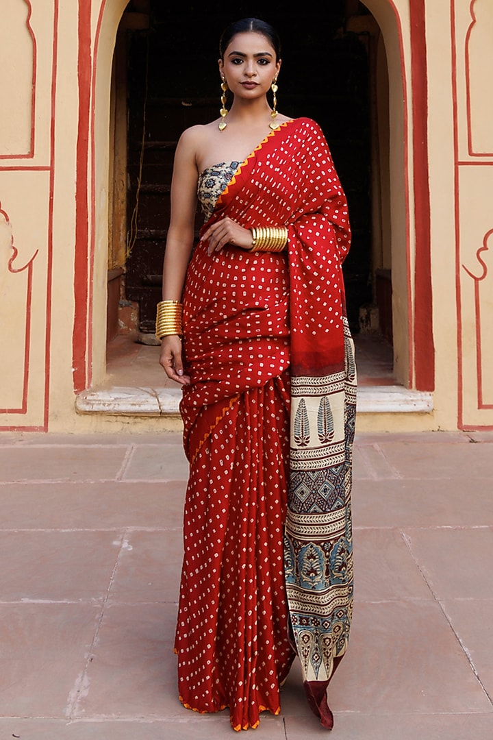Red Gajji Silk Handblock Printed Wedding Saree Set by Geroo Jaipur at Pernia's Pop Up Shop
