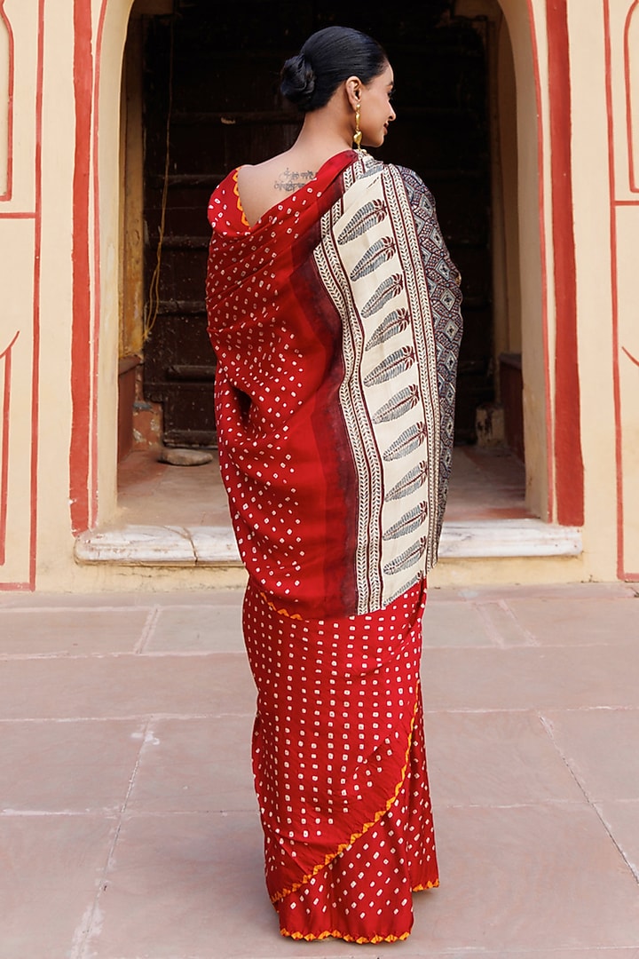 Red Gajji Silk Handblock Printed Wedding Saree Set by Geroo Jaipur at Pernia's Pop Up Shop