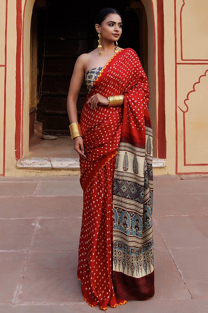 Red Gajji Silk Handblock Printed Wedding Saree Set by Geroo Jaipur at Pernia's Pop Up Shop
