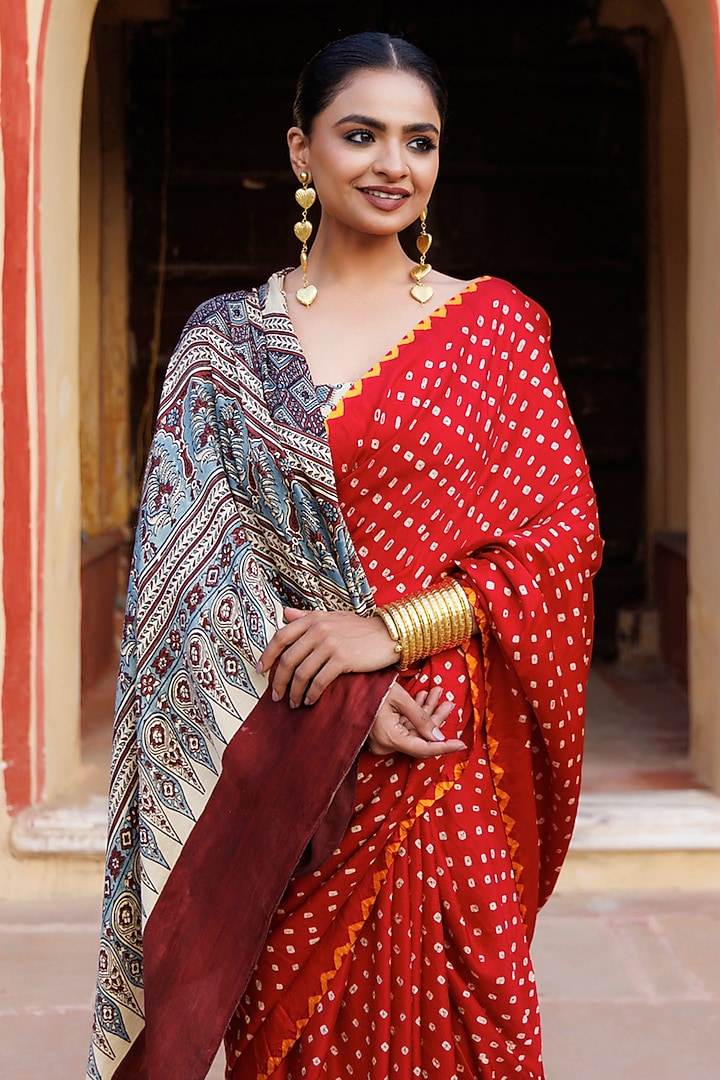 Red Gajji Silk Handblock Printed Wedding Saree Set by Geroo Jaipur at Pernia's Pop Up Shop