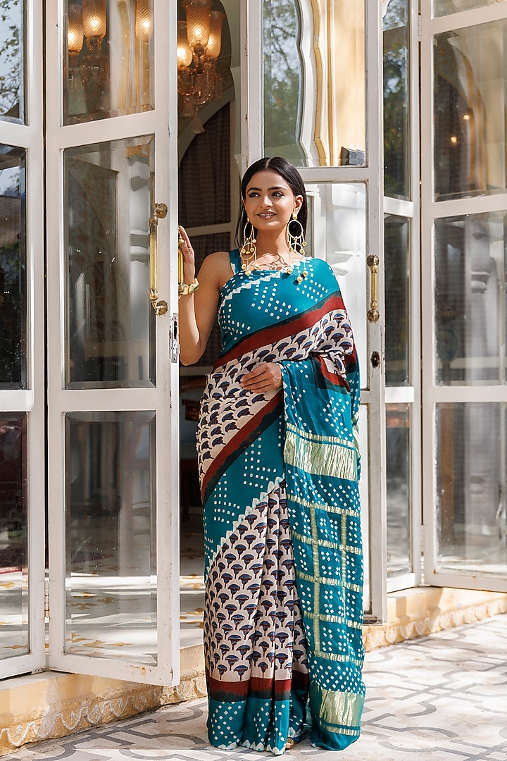 Green Modal Silk Handblock Printed Wedding Saree Set by Geroo Jaipur at Pernia's Pop Up Shop