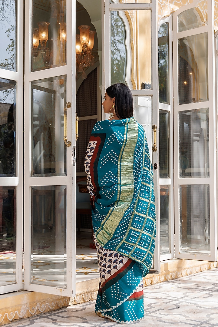 Green Modal Silk Handblock Printed Wedding Saree Set by Geroo Jaipur at Pernia's Pop Up Shop