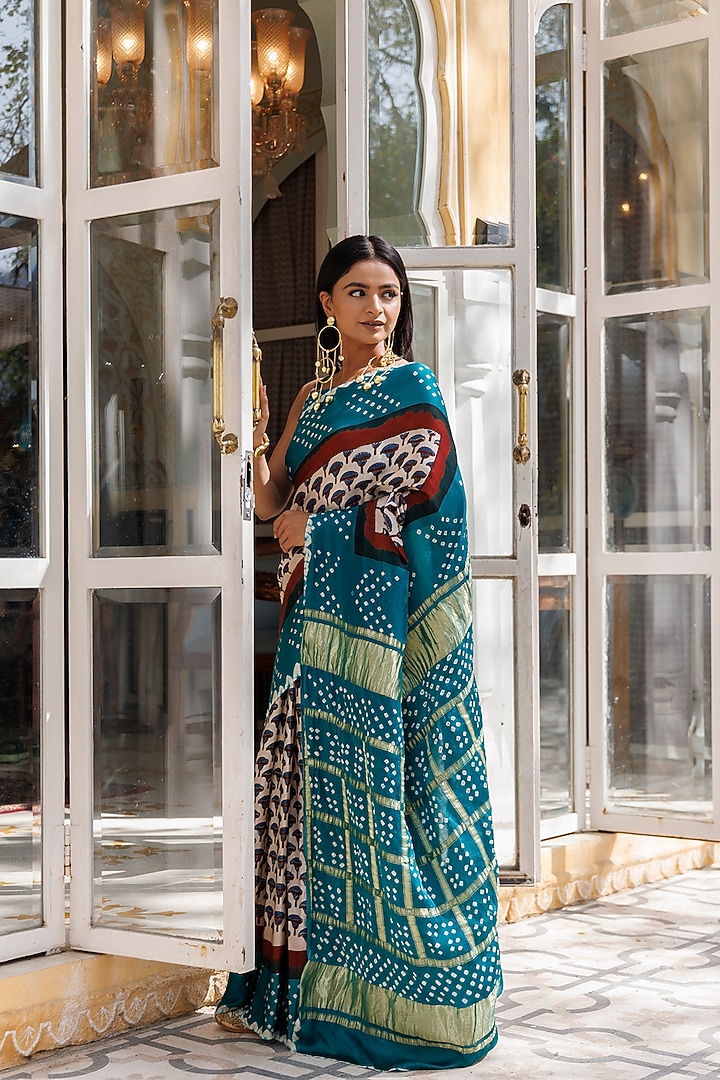 Green Modal Silk Handblock Printed Wedding Saree Set by Geroo Jaipur at Pernia's Pop Up Shop