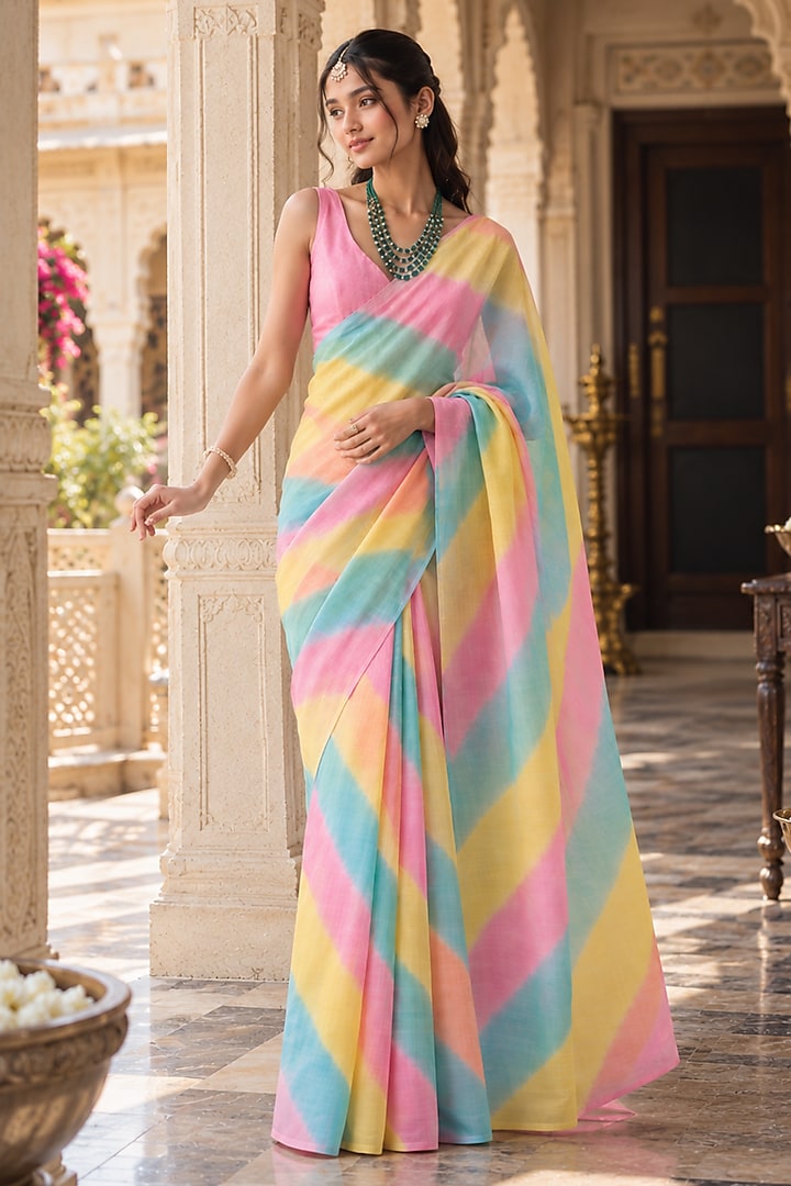 Multi-Colored Chiffon Leheriya Party Wear Saree Set by Geroo Jaipur at Pernia's Pop Up Shop