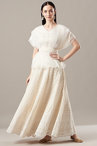 Cream Cotton Chikankari Embroidered Lehenga Set by Geroo Jaipur