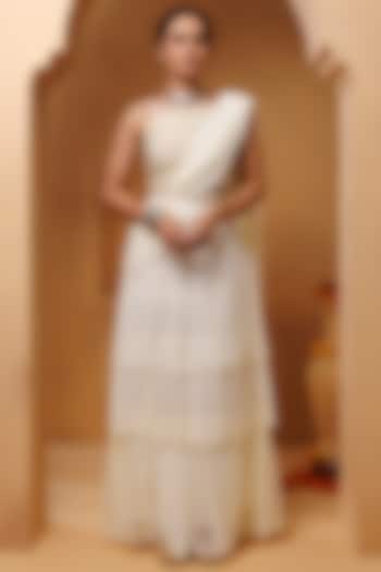 White Chiffon Ready-To-Wear Pre-Stitched Ruffled Saree Set by Geroo Jaipur