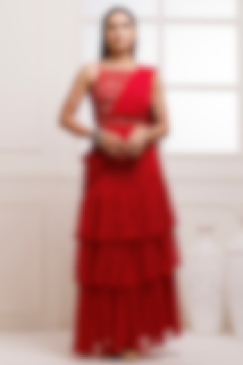 Cherry Red Chiffon Layered Frilled Ready-To-Wear Ruffled Saree Set by Geroo Jaipur at Pernia's Pop Up Shop