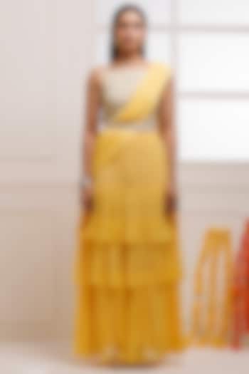 Yellow Chiffon Ready-To-Wear Ruffled Saree Set by Geroo Jaipur