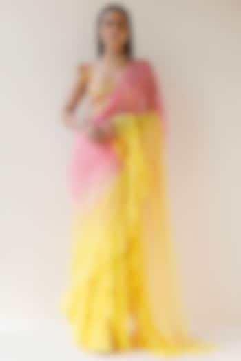 Yellow & Pink Chiffon Ombre Pre-Draped Ruffled Saree Set by Geroo Jaipur