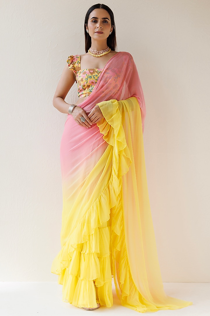 Yellow & Pink Chiffon Ombre Pre-Draped Ruffled Saree Set by Geroo Jaipur