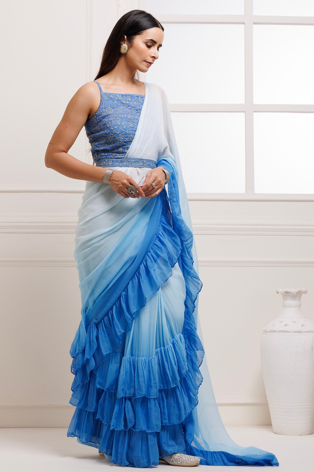 Blue Readymade Sequins Embellished Saree In Lycra Saree 5079SR02