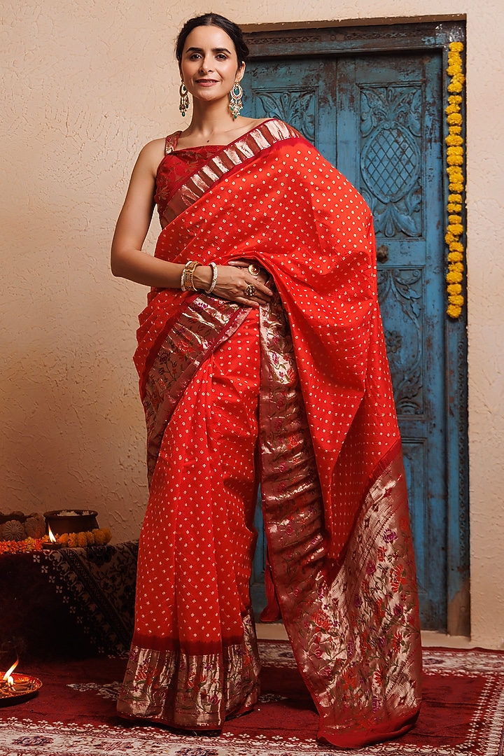 Maroon & Orange Bandhani Silk Handwoven Zari Wedding Saree Set by Geroo Jaipur at Pernia's Pop Up Shop