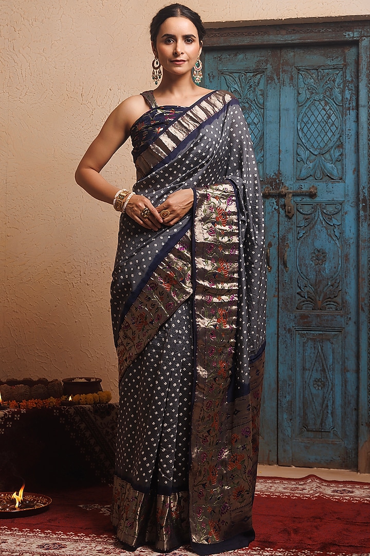 Grey & Blue Bandhani Silk Handwoven Zari Saree Set by Geroo Jaipur