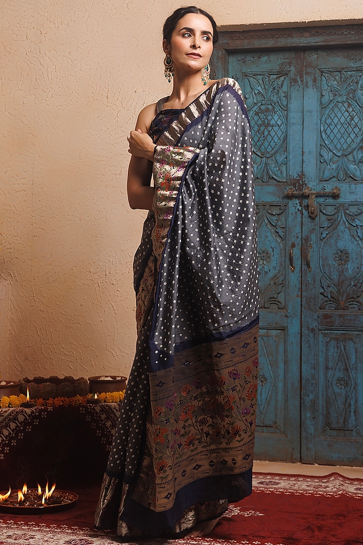 Grey & Blue Bandhani Silk Handwoven Zari Wedding Saree Set by Geroo Jaipur at Pernia's Pop Up Shop
