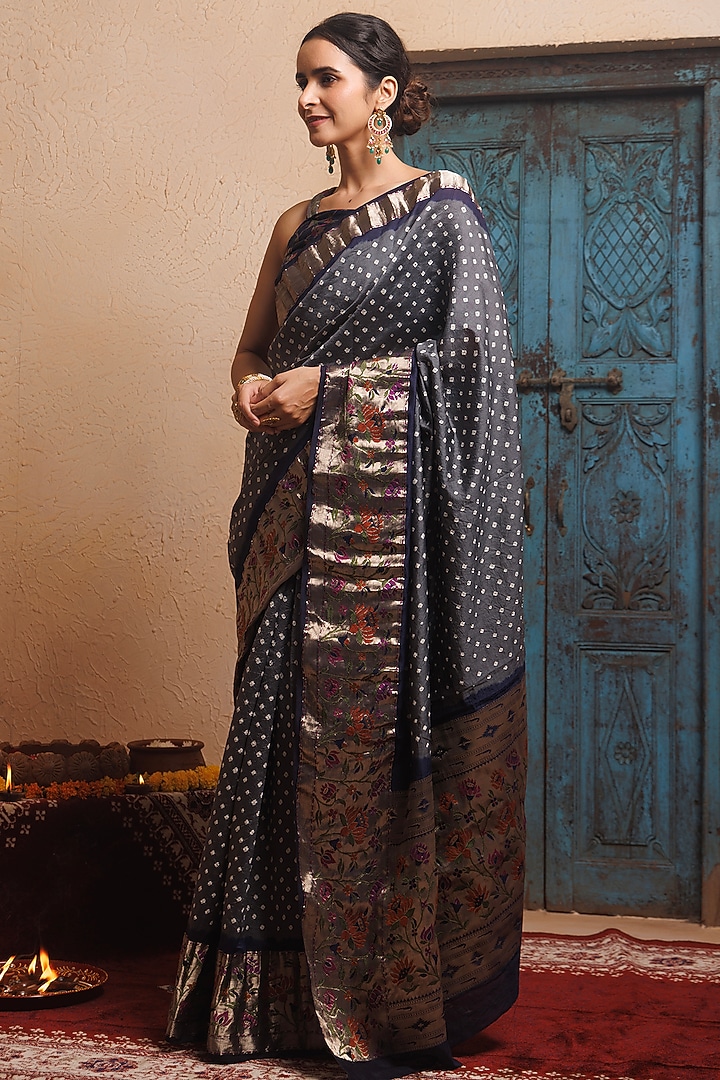 Grey & Blue Bandhani Silk Handwoven Zari Wedding Saree Set by Geroo Jaipur at Pernia's Pop Up Shop