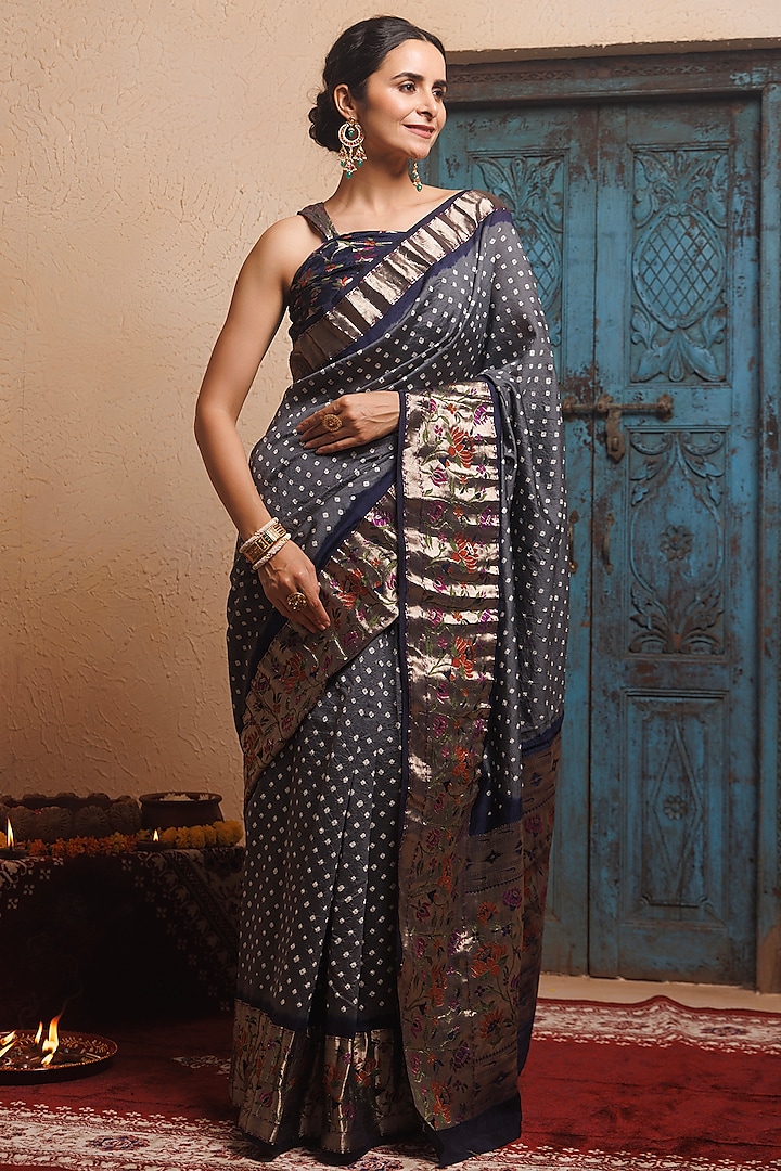 Grey & Blue Bandhani Silk Handwoven Zari Wedding Saree Set by Geroo Jaipur at Pernia's Pop Up Shop