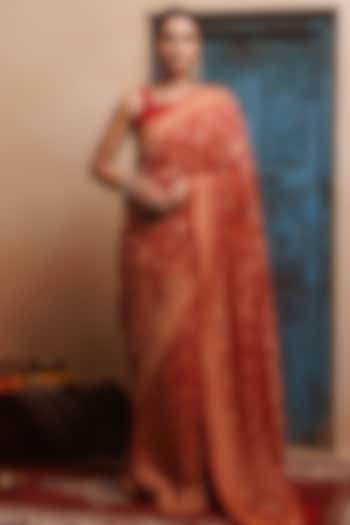 Red Pure Georgette Handwoven Zari Bandhani Saree Set by Geroo Jaipur