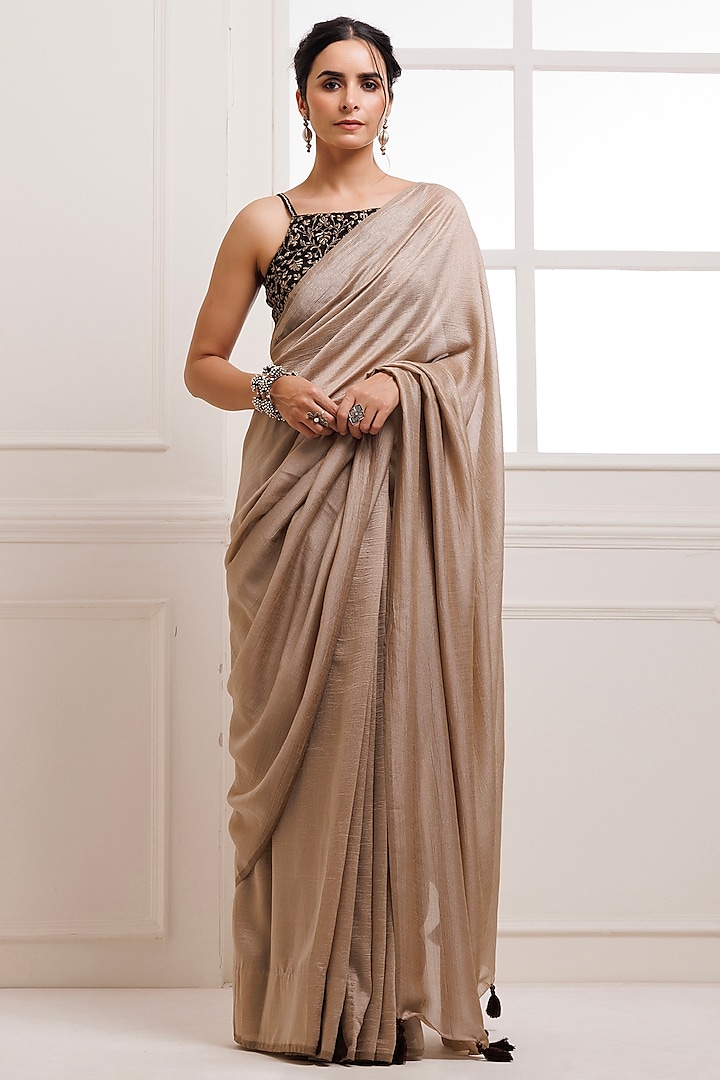 Taupe Silk Tassel Embellished Saree Set by Geroo Jaipur at Pernia's Pop Up Shop