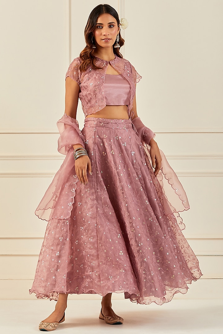 Onion Pink Organza Handcrafted Sequins Embroidered Jacket Lehenga Set by Geroo Jaipur
